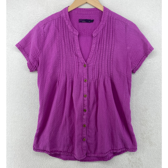 PRANA Top Womens M Cotton Textured Shirt Pintuck Boho Peasant Button Up Purple - Picture 1 of 14